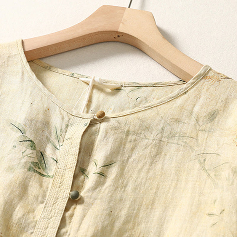 Chemise en coton et lin pour femme, manches longues lanternes, motif grenouille chinoise, motif Buddha Stones Commute - image 3
