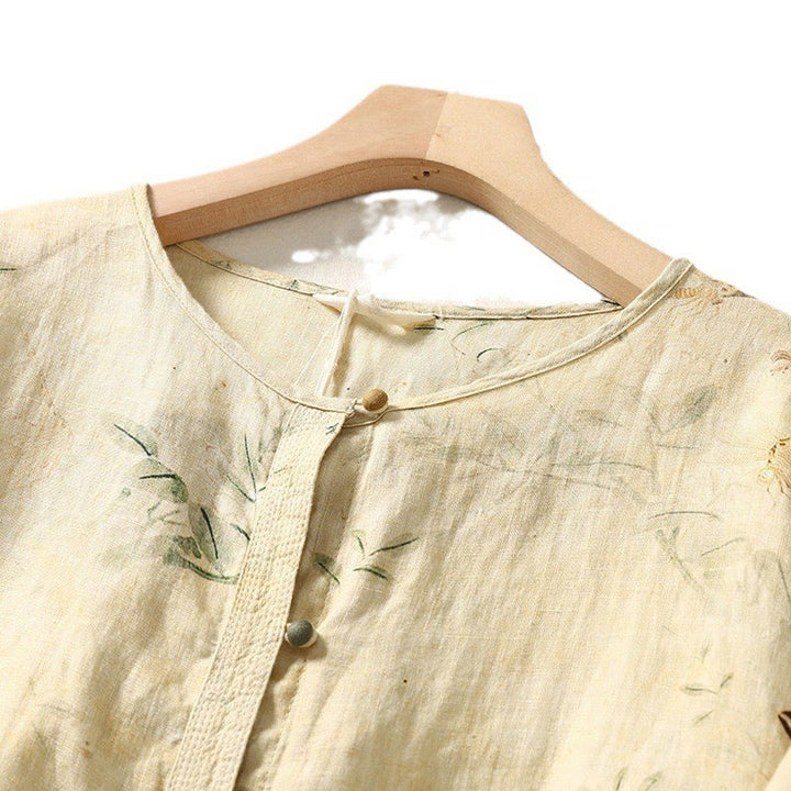 Chemise en coton et lin pour femme, manches longues lanternes, motif grenouille chinoise, motif Buddha Stones Commute - image 4