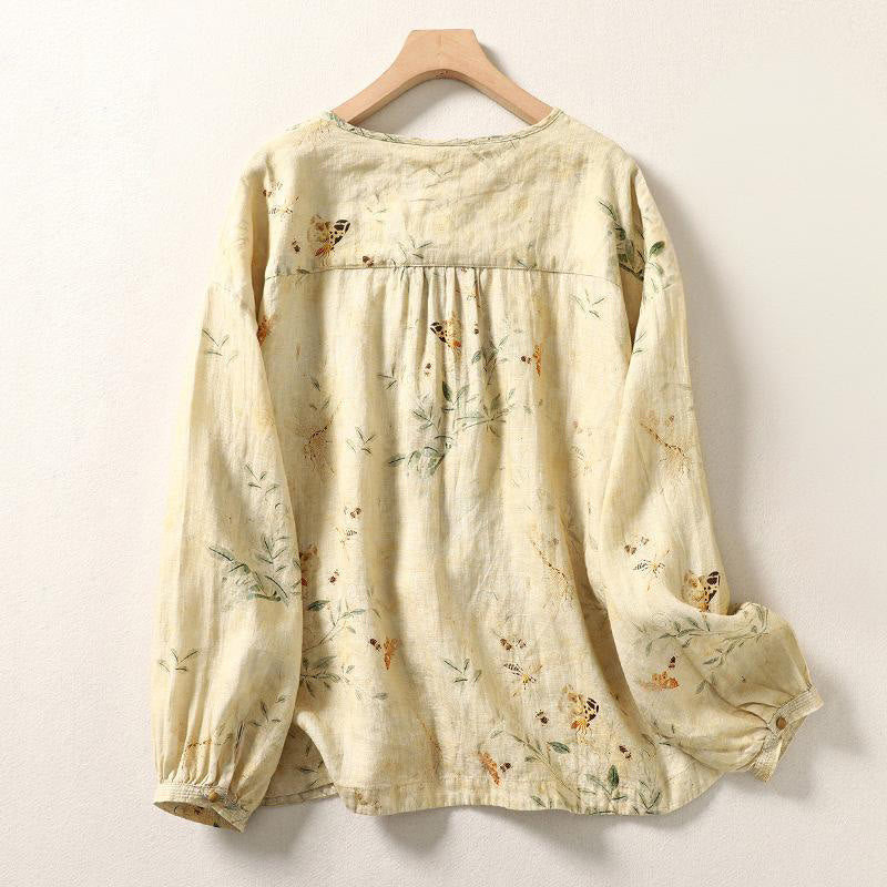 Chemise en coton et lin pour femme, manches longues lanternes, motif grenouille chinoise, motif Buddha Stones Commute - image 2