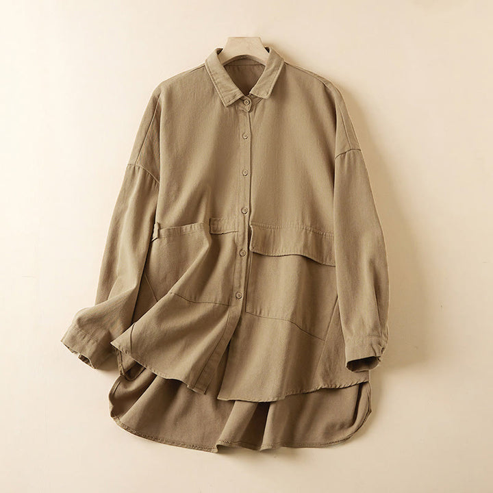 Veste à revers en coton et lin pour femme, manches longues, motif irrégulier, motif Buddha Stones Fall, avec poches - Kaki - US14，UK/AU18，EU46 (2XL) - image 0