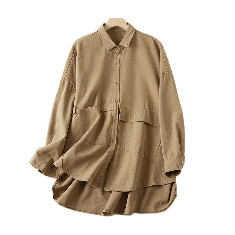 Veste à revers en coton et lin pour femme, manches longues, motif irrégulier, motif Buddha Stones Fall, avec poches - image 8