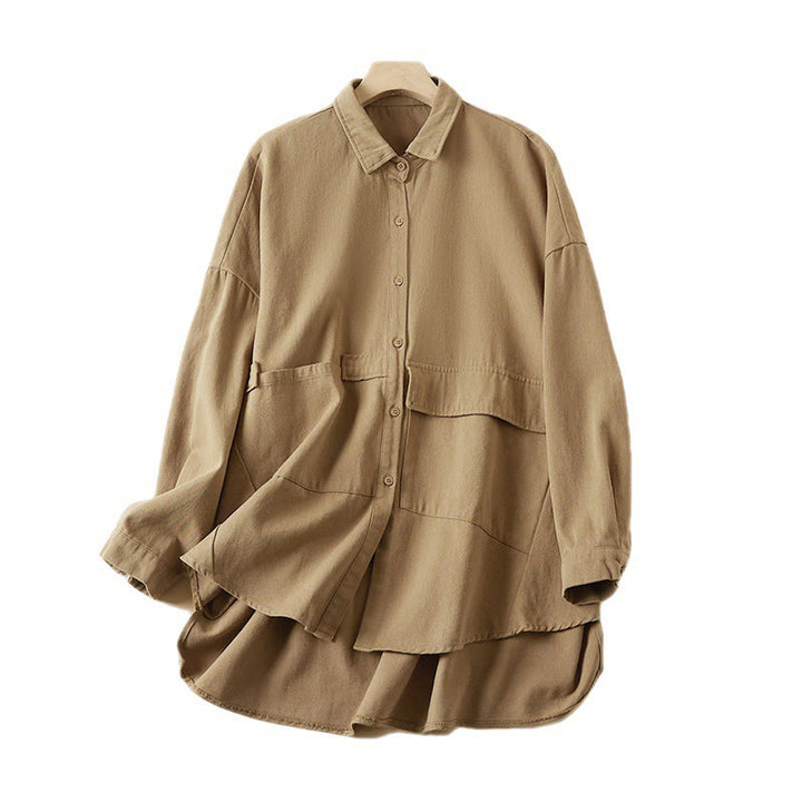Veste à revers en coton et lin pour femme, manches longues, motif irrégulier, motif Buddha Stones Fall, avec poches - image 9