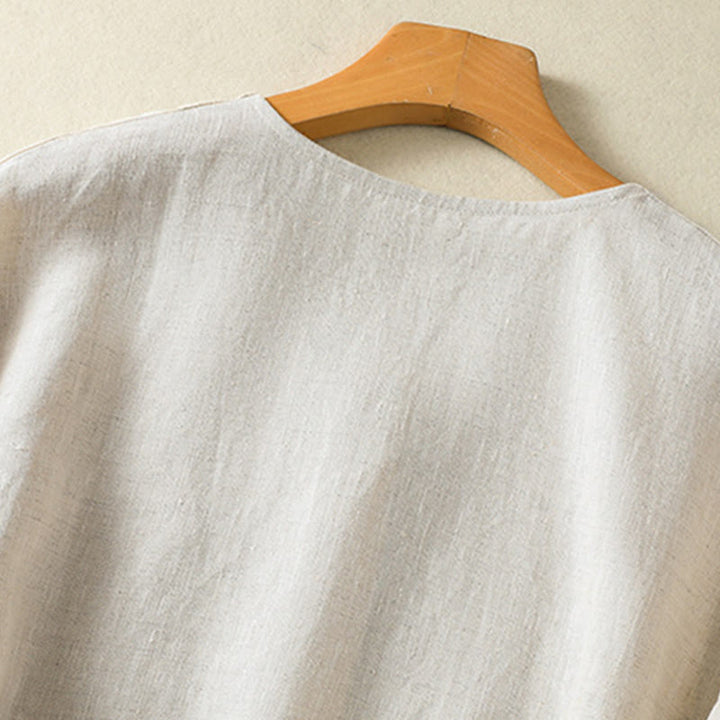 Chemise en coton et lin à manches longues et col en V pour femme, motif Buddha Stones, boutons unis, printemps - image 4