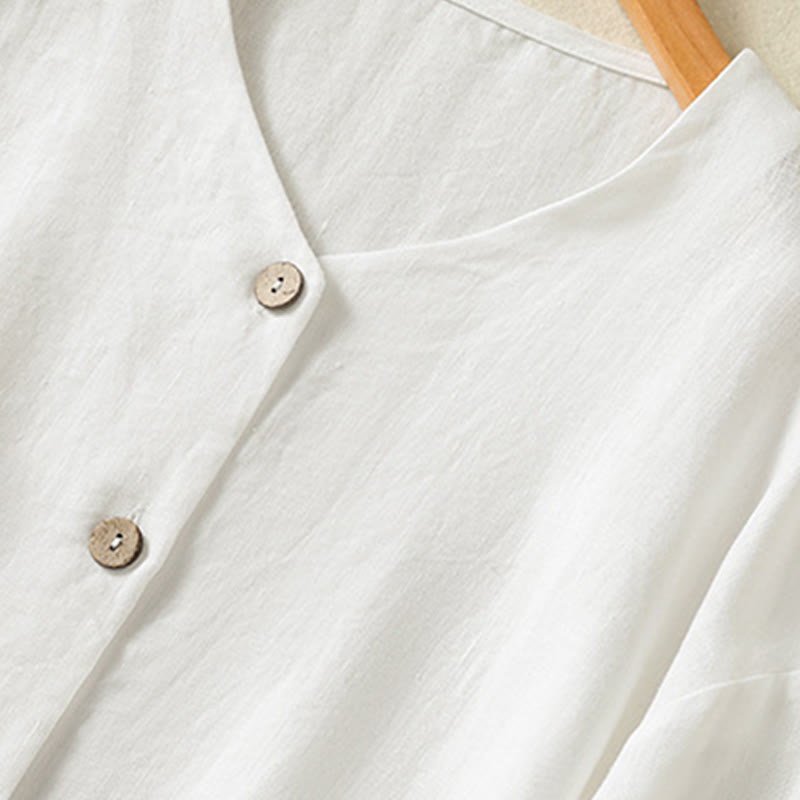 Chemise en coton et lin à manches longues et col en V pour femme, motif Buddha Stones, boutons unis, printemps - image 12