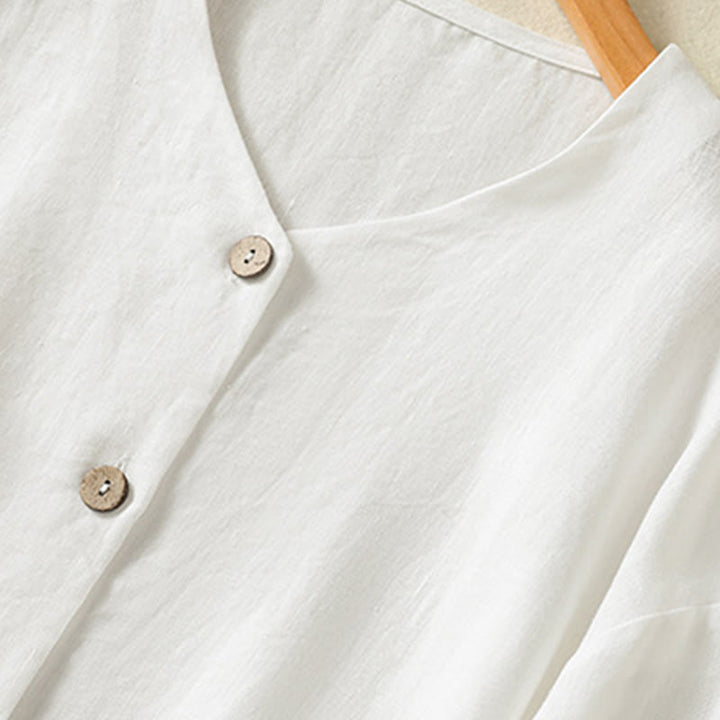 Chemise en coton et lin à manches longues et col en V pour femme, motif Buddha Stones, boutons unis, printemps - image 12