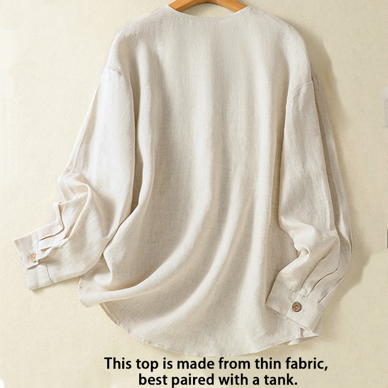 Chemise femme à manches longues et col en V, ornée de boutons simples et de Buddha Stones - image 1