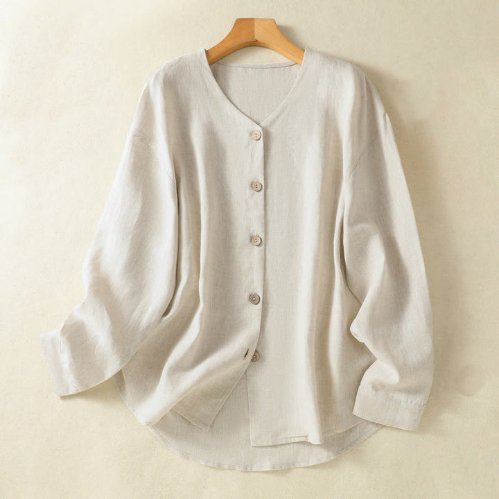 Chemise en coton et lin à manches longues et col en V pour femme, motif Buddha Stones, boutons unis, printemps - Lin - US14，UK/AU18，EU46 (2XL) - image 1