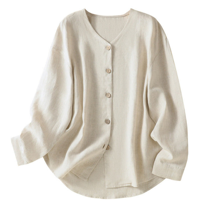 Chemise en coton et lin à manches longues et col en V pour femme, motif Buddha Stones, boutons unis, printemps - image 9