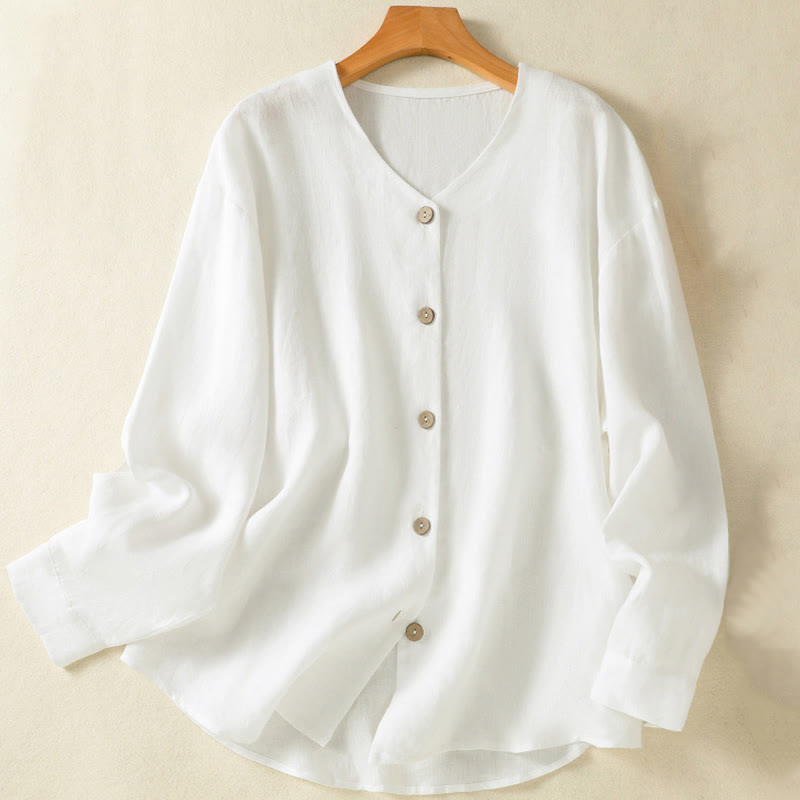 Chemise en coton et lin à manches longues et col en V pour femme, motif Buddha Stones, boutons unis, printemps - Blanc - US14，UK/AU18，EU46 (2XL) - image 9