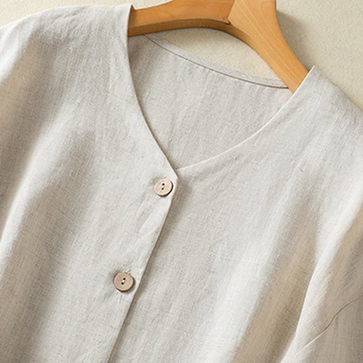 Chemise en coton et lin à manches longues et col en V pour femme, motif Buddha Stones, boutons unis, printemps - image 2
