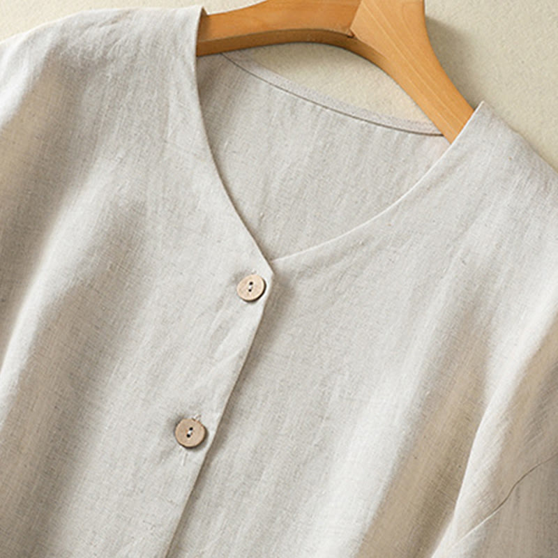 Chemise en coton et lin à manches longues et col en V pour femme, motif Buddha Stones, boutons unis, printemps - image 3