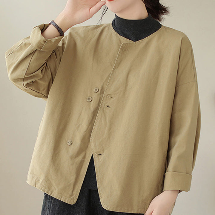 Veste asymétrique à manches longues en coton et lin pour femme avec poches et motif Buddha Stones Spring - Verge d'or pâle - US12，UK/AU16，EU44 (2XL) - image 1