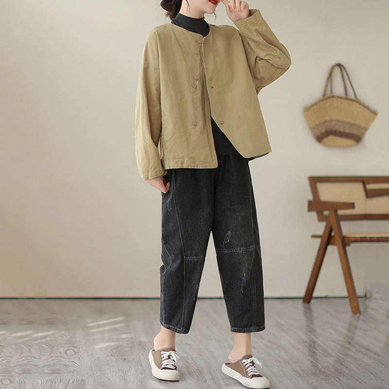 Veste asymétrique à manches longues en coton et lin pour femme avec poches et motif Buddha Stones Spring - image 5
