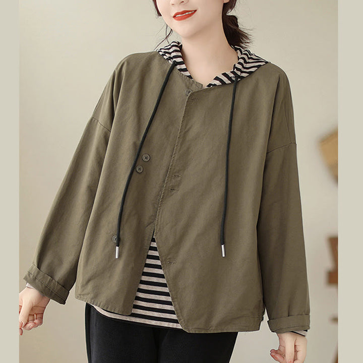 Veste asymétrique à manches longues en coton et lin pour femme avec poches et motif Buddha Stones Spring - Olive - US12，UK/AU16，EU44 (2XL) - image 12