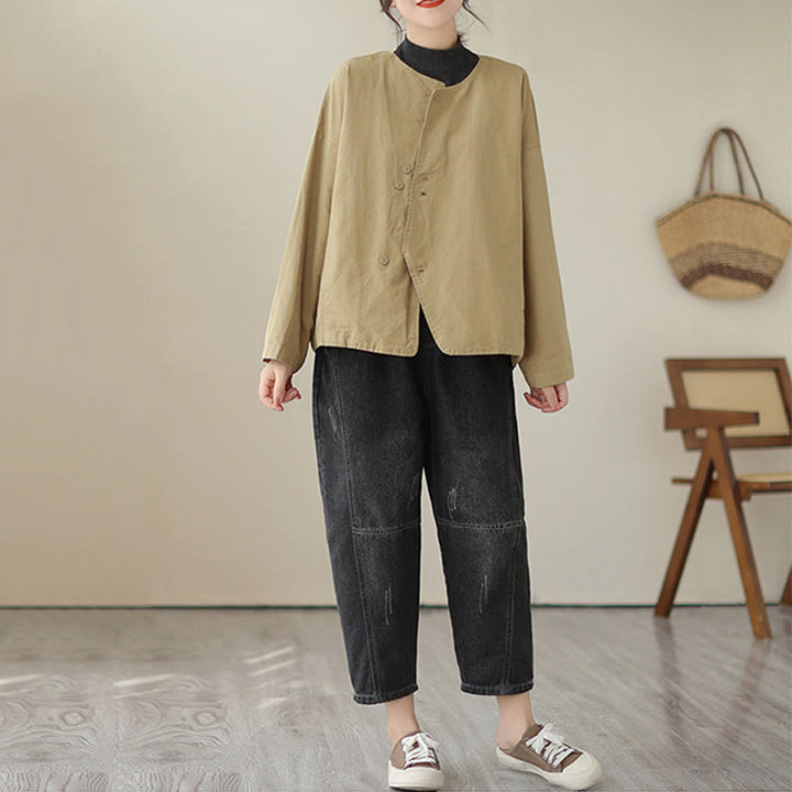 Veste asymétrique à manches longues en coton et lin pour femme avec poches et motif Buddha Stones Spring - image 4