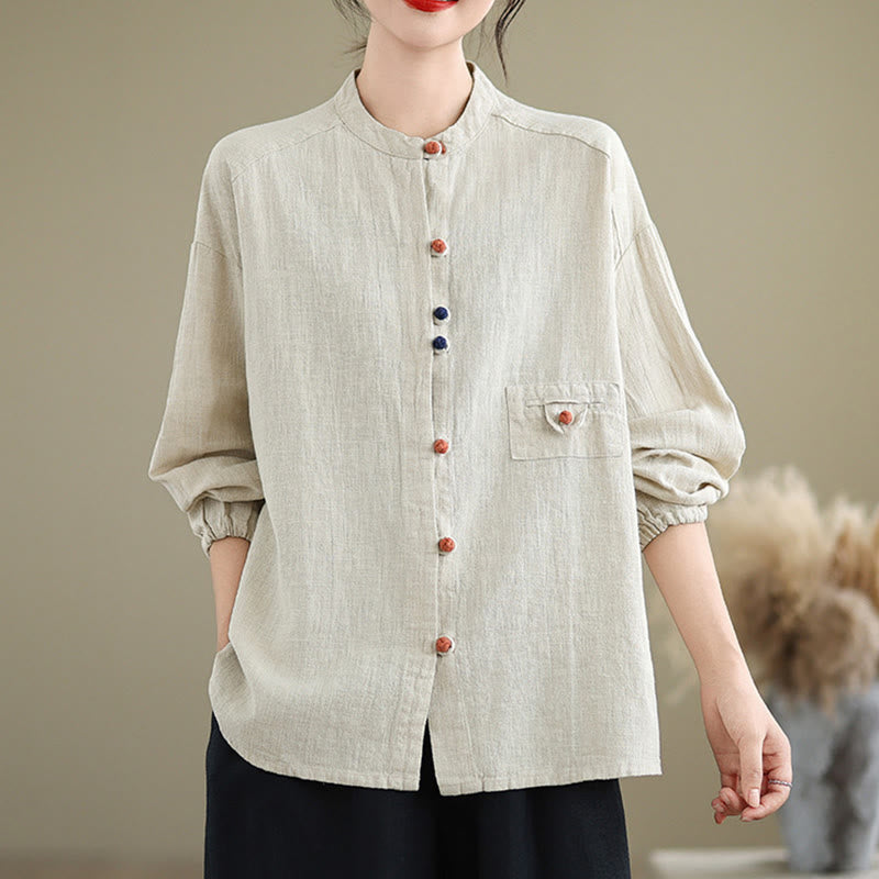 Chemise à manches longues en coton et lin pour femme, Buddha Stones et boutons colorés - image 2