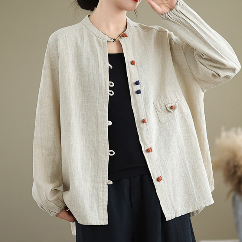 Chemise à manches longues en coton et lin pour femme, Buddha Stones et boutons colorés - Beige - US14，UK/AU18，EU46 (2XL) - image 1