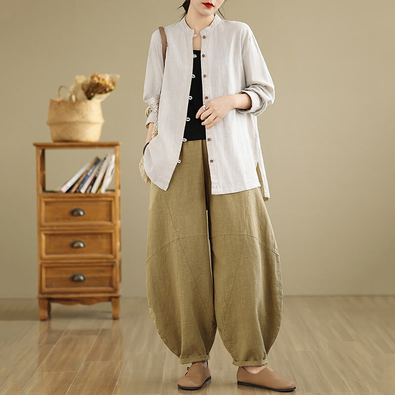 Chemise en coton et lin à manches longues pour femme, couleur unie, boutons sur le devant, motif Buddha Stones - image 5