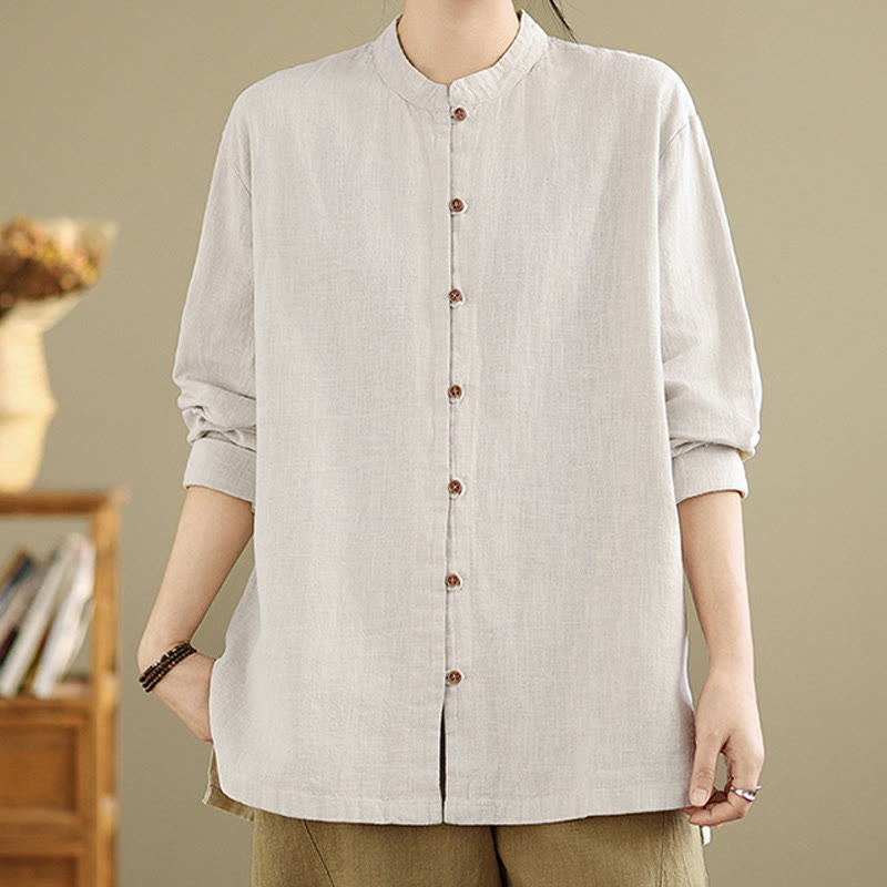 Chemise en coton et lin à manches longues pour femme, couleur unie, boutons sur le devant, motif Buddha Stones - image 5