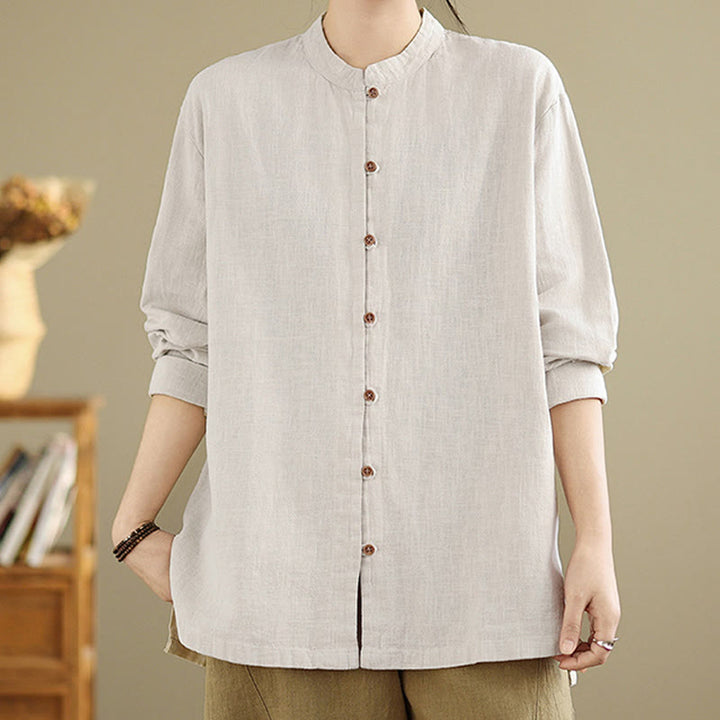 Chemise en coton et lin à manches longues pour femme, couleur unie, boutons sur le devant, motif Buddha Stones - image 5