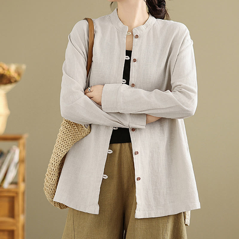 Chemise en coton et lin à manches longues pour femme, couleur unie, boutons sur le devant, motif Buddha Stones - image 4