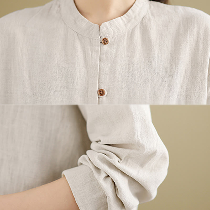 Chemise en coton et lin à manches longues pour femme, couleur unie, boutons sur le devant, motif Buddha Stones - image 7