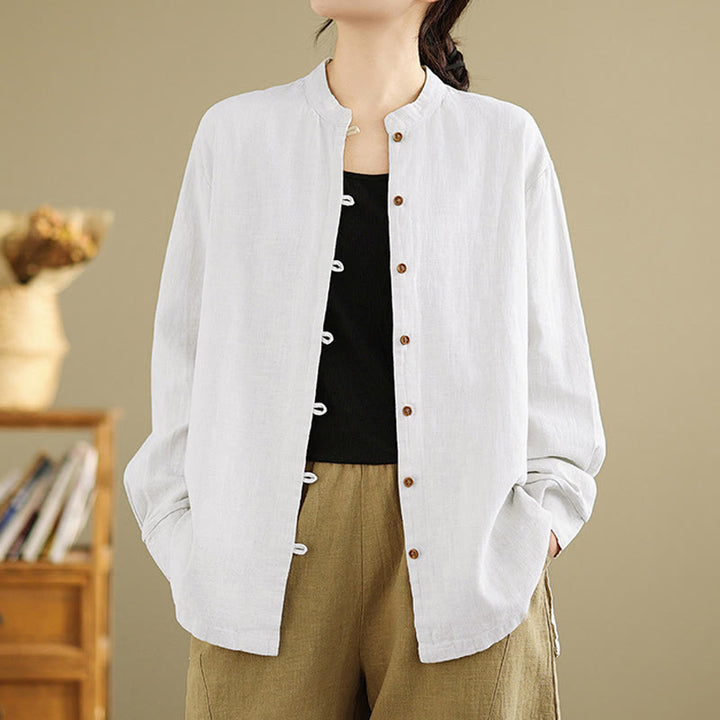 Chemise en coton et lin à manches longues pour femme, couleur unie, boutons sur le devant, motif Buddha Stones - Blanc - US14，UK/AU18，EU46 (2XL) - image 10