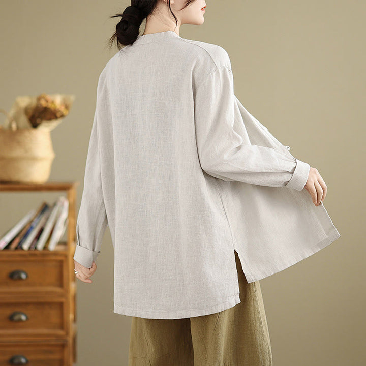 Chemise en coton et lin à manches longues pour femme, couleur unie, boutons sur le devant, motif Buddha Stones - image 3