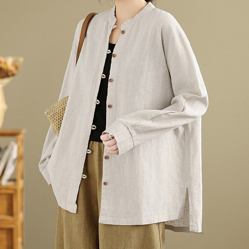 Chemise en coton et lin à manches longues pour femme, couleur unie, boutons sur le devant, motif Buddha Stones - image 2