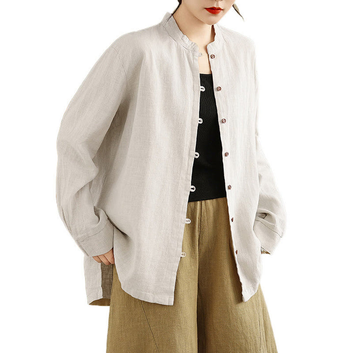 Chemise en coton et lin à manches longues pour femme, couleur unie, boutons sur le devant, motif Buddha Stones - image 9