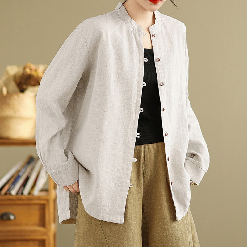 Chemise en coton et lin à manches longues pour femme, couleur unie, boutons sur le devant, motif Buddha Stones - Lin - US14，UK/AU18，EU46 (2XL) - image 0