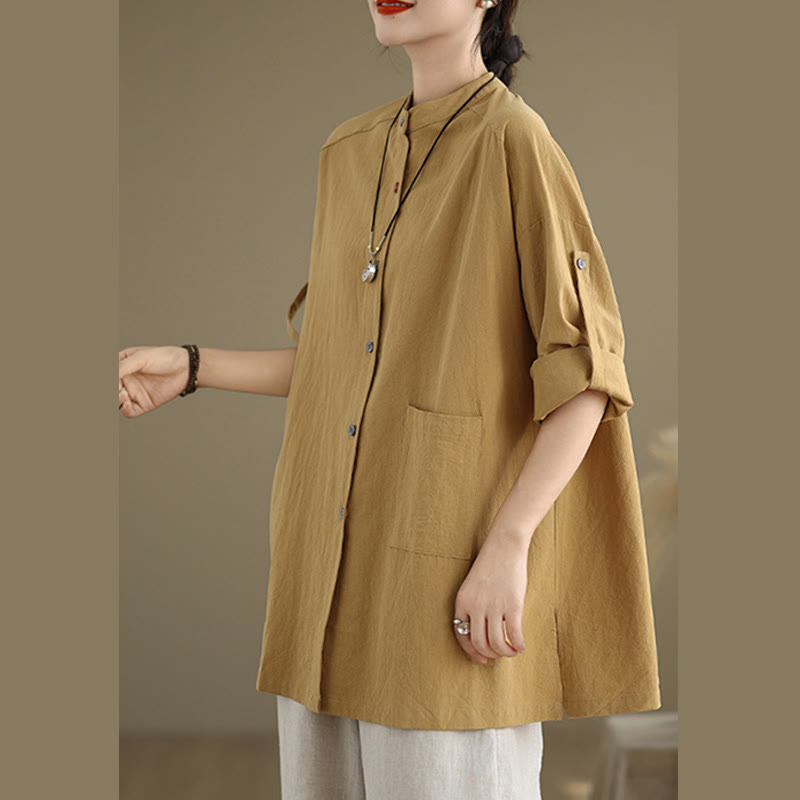 Chemise en coton et lin à manches longues et poche pour femme Motif Buddha Stones Commute Pure Color - image 1