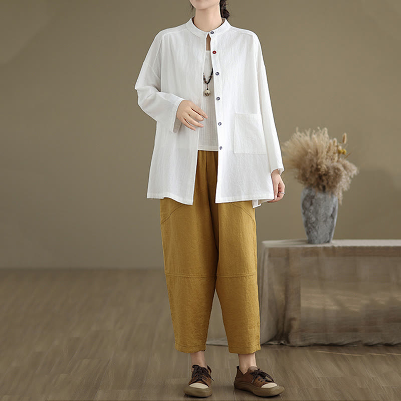 Chemise en coton et lin à manches longues et poche pour femme Motif Buddha Stones Commute Pure Color - image 16