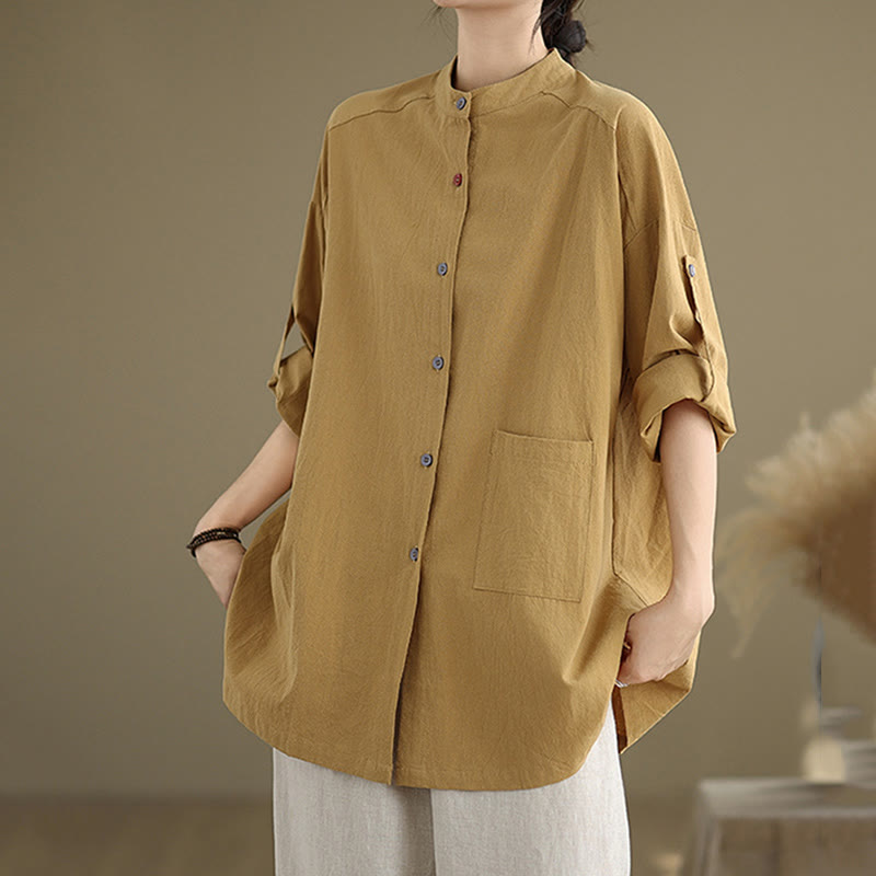 Chemise en coton et lin à manches longues et poche pour femme Motif Buddha Stones Commute Pure Color - image 4