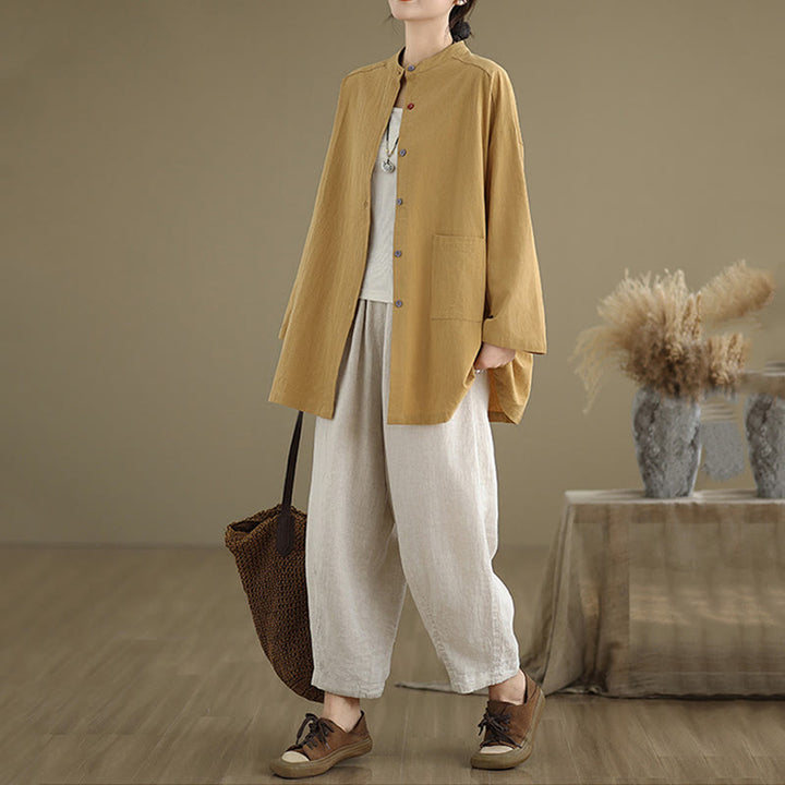 Chemise en coton et lin à manches longues et poche pour femme Motif Buddha Stones Commute Pure Color - image 6