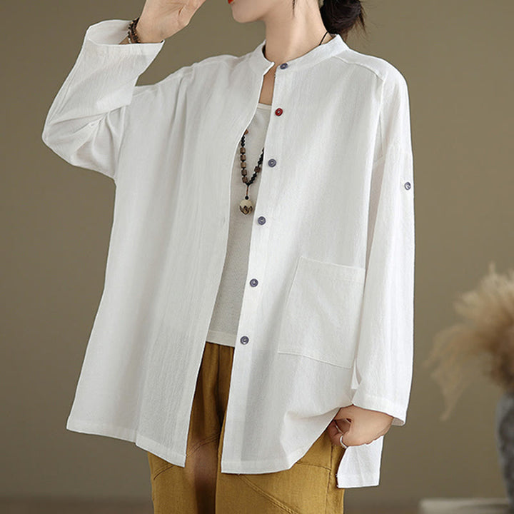 Chemise en coton et lin à manches longues et poche pour femme Motif Buddha Stones Commute Pure Color - image 14