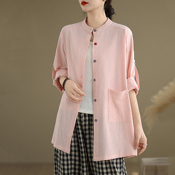 Chemise en coton et lin à manches longues et poche pour femme Motif Buddha Stones Commute Pure Color - image 19