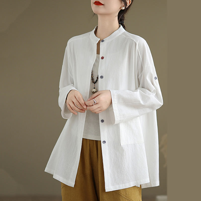 Chemise en coton et lin à manches longues et poche pour femme Motif Buddha Stones Commute Pure Color - image 13