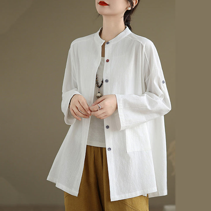 Chemise en coton et lin à manches longues et poche pour femme Motif Buddha Stones Commute Pure Color - image 13