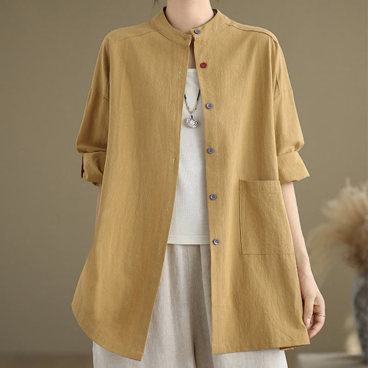 Chemise en coton et lin à manches longues et poche pour femme Motif Buddha Stones Commute Pure Color - image 5