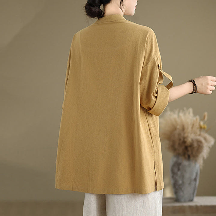 Chemise en coton et lin à manches longues et poche pour femme Motif Buddha Stones Commute Pure Color - image 2