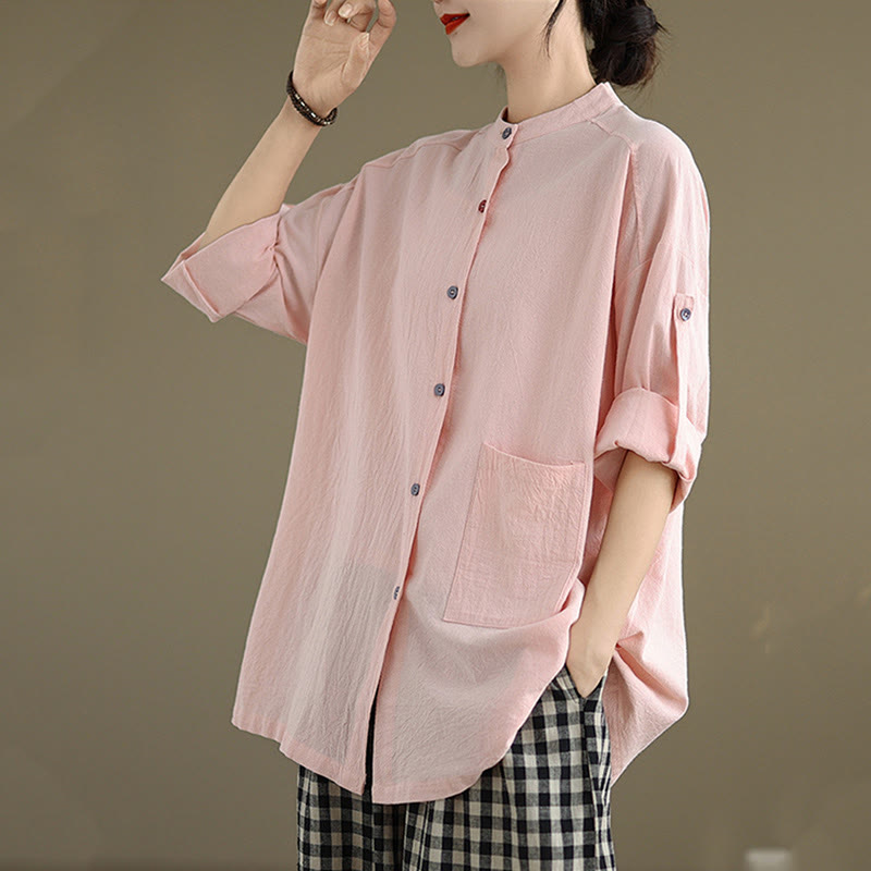 Chemise en coton et lin à manches longues et poche pour femme Motif Buddha Stones Commute Pure Color - image 20