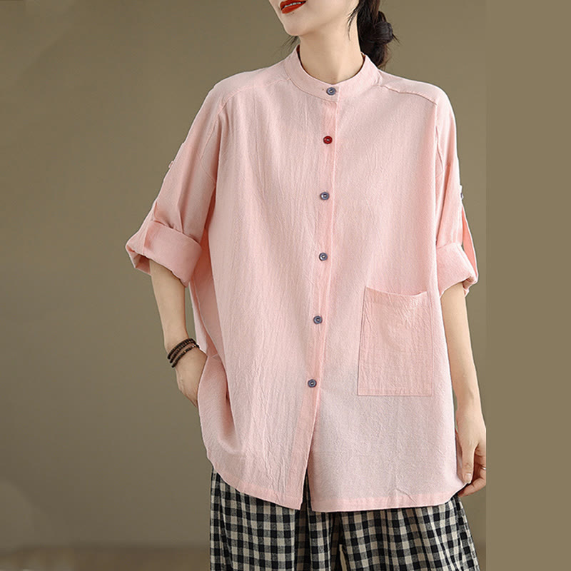 Chemise en coton et lin à manches longues et poche pour femme Motif Buddha Stones Commute Pure Color - image 22