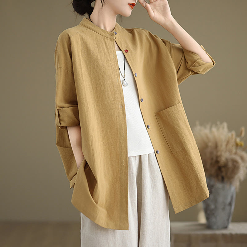 Chemise en coton et lin à manches longues et poche pour femme Motif Buddha Stones Commute Pure Color - Verge d'or - US14，UK/AU18，EU46 (2XL) - image 1