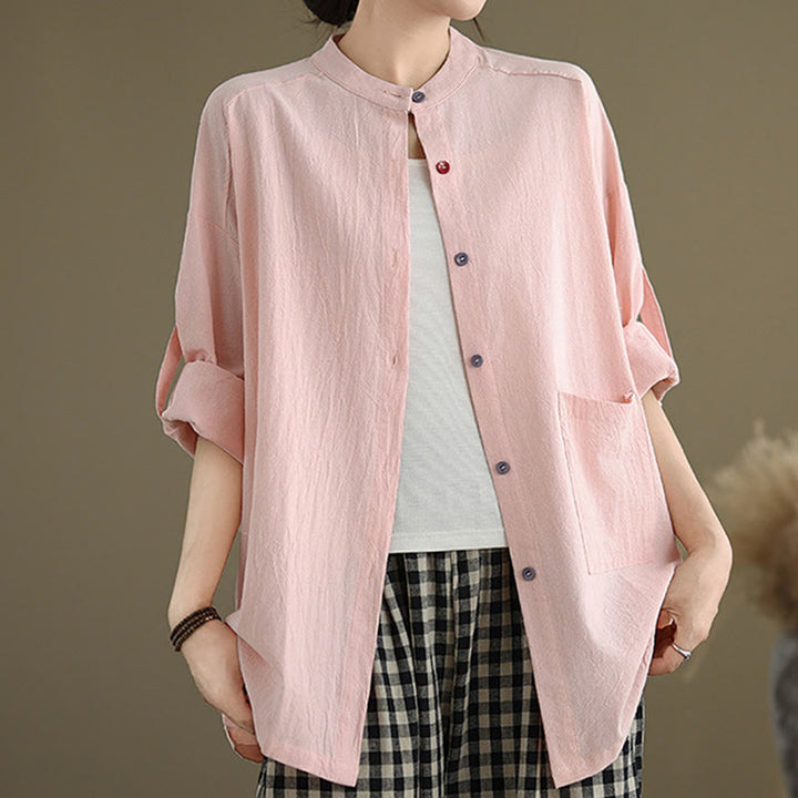 Chemise en coton et lin à manches longues et poche pour femme Motif Buddha Stones Commute Pure Color - image 17