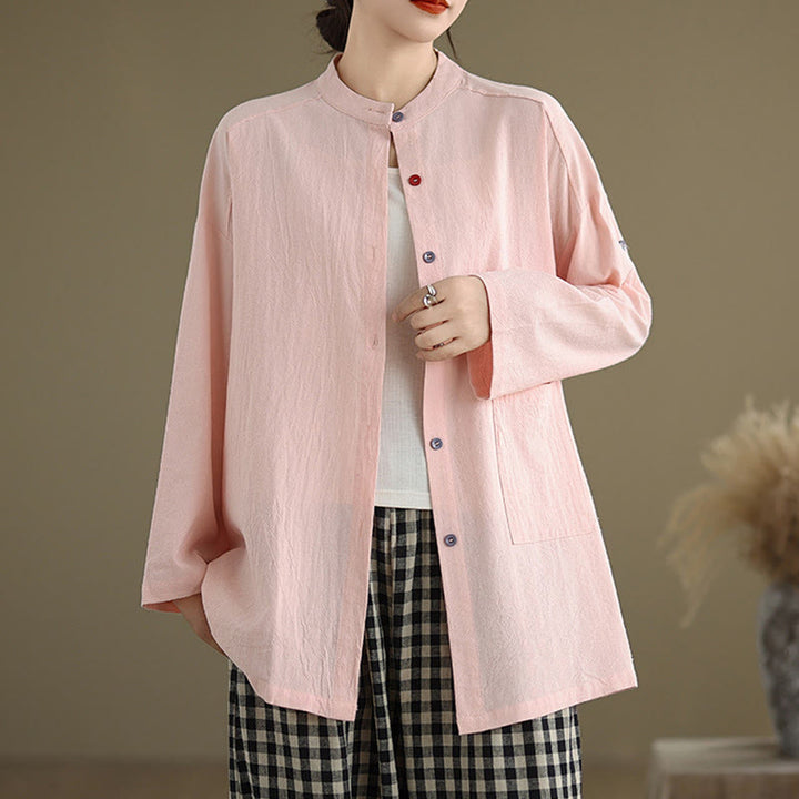 Chemise en coton et lin à manches longues et poche pour femme Motif Buddha Stones Commute Pure Color - MistyRose - US14，UK/AU18，EU46 (2XL) - image 17