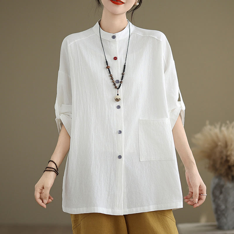 Chemise en coton et lin à manches longues et poche pour femme Motif Buddha Stones Commute Pure Color - Blanc - US14，UK/AU18，EU46 (2XL) - image 11