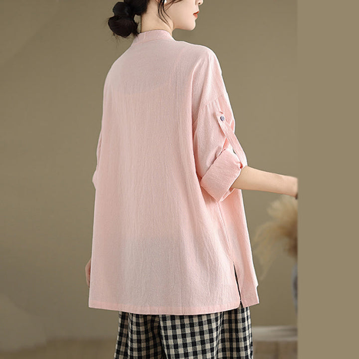 Chemise en coton et lin à manches longues et poche pour femme Motif Buddha Stones Commute Pure Color - image 21