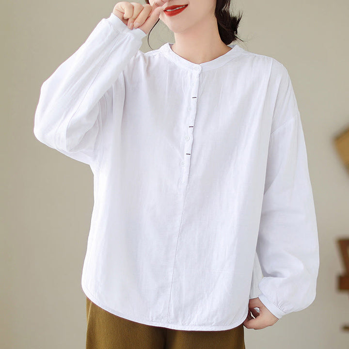 Chemise à manches longues en coton et lin pour femme, motif Buddha Stones, style printemps, simple et uni, avec demi-boutons - Blanc - US12，UK/AU16，EU44 (2XL) - image 8