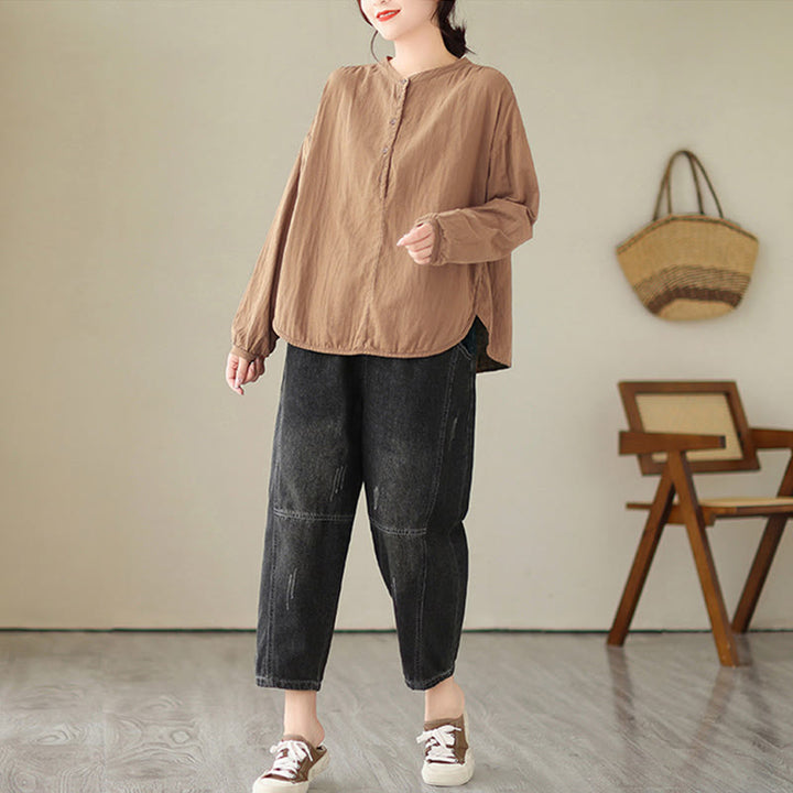 Chemise à manches longues en coton et lin pour femme, motif Buddha Stones, style printemps, simple et uni, avec demi-boutons - image 17